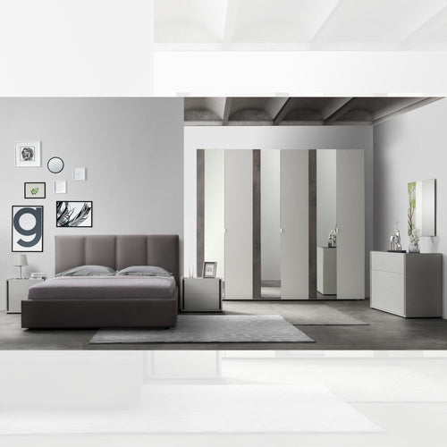 Chambre à coucher complète avec armoire à miroirs couleur gris perle et oxyde gris - Mirya