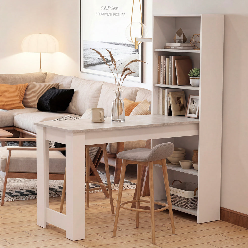 Tavolo penisola con libreria integrata bianca e piano effetto cemento Mojo02