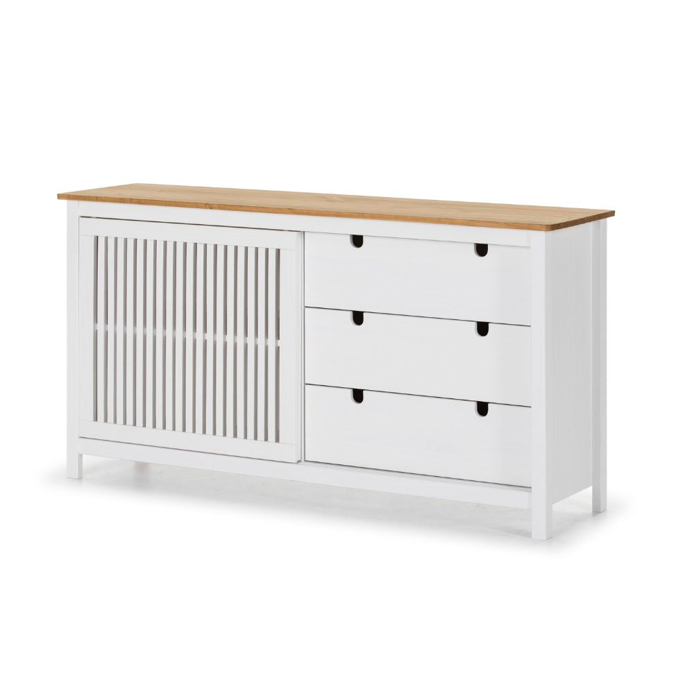 Credenza in legno massiccio con anta scorrevole e 3 cassetti colore bianco e pino 150x40x80H cm - Gaia