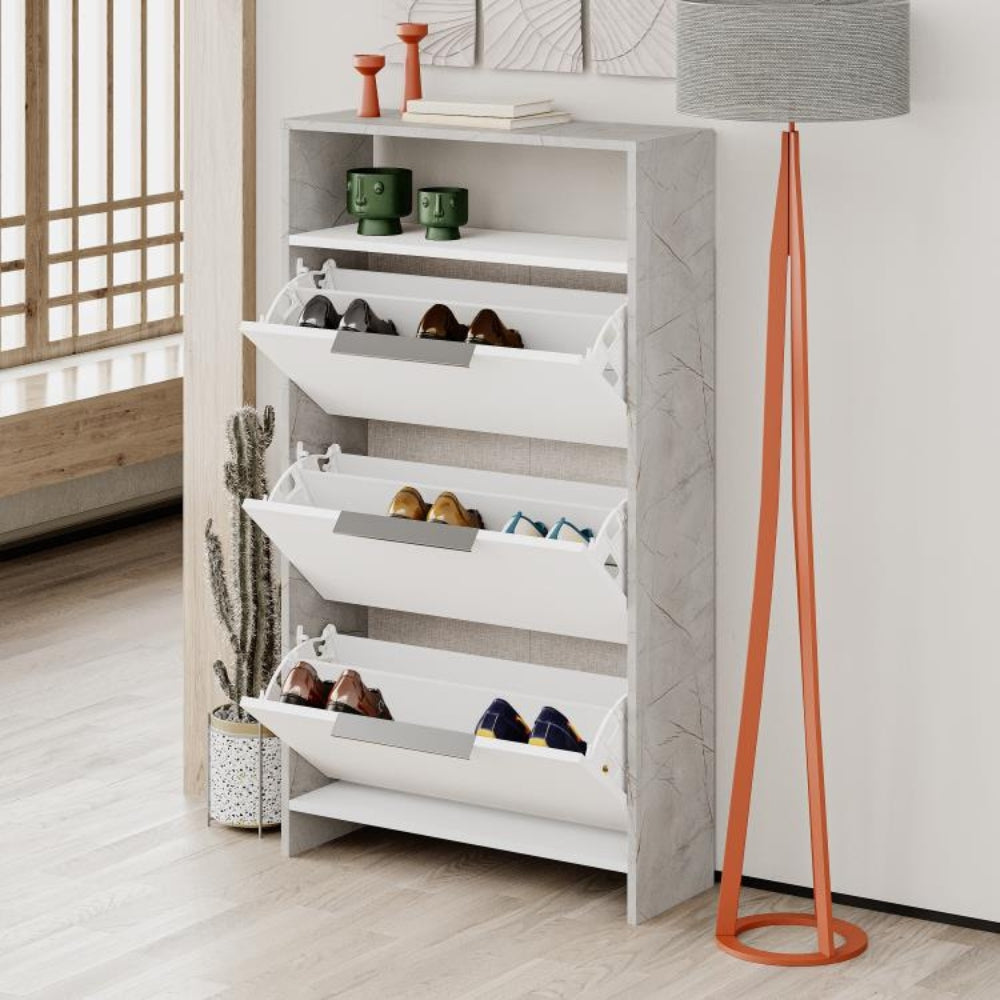 Schuhschrank 78x139,2h cm mit 3 Klapptüren in Weiß und Korpus in grauer Marmoroptik - Kaju