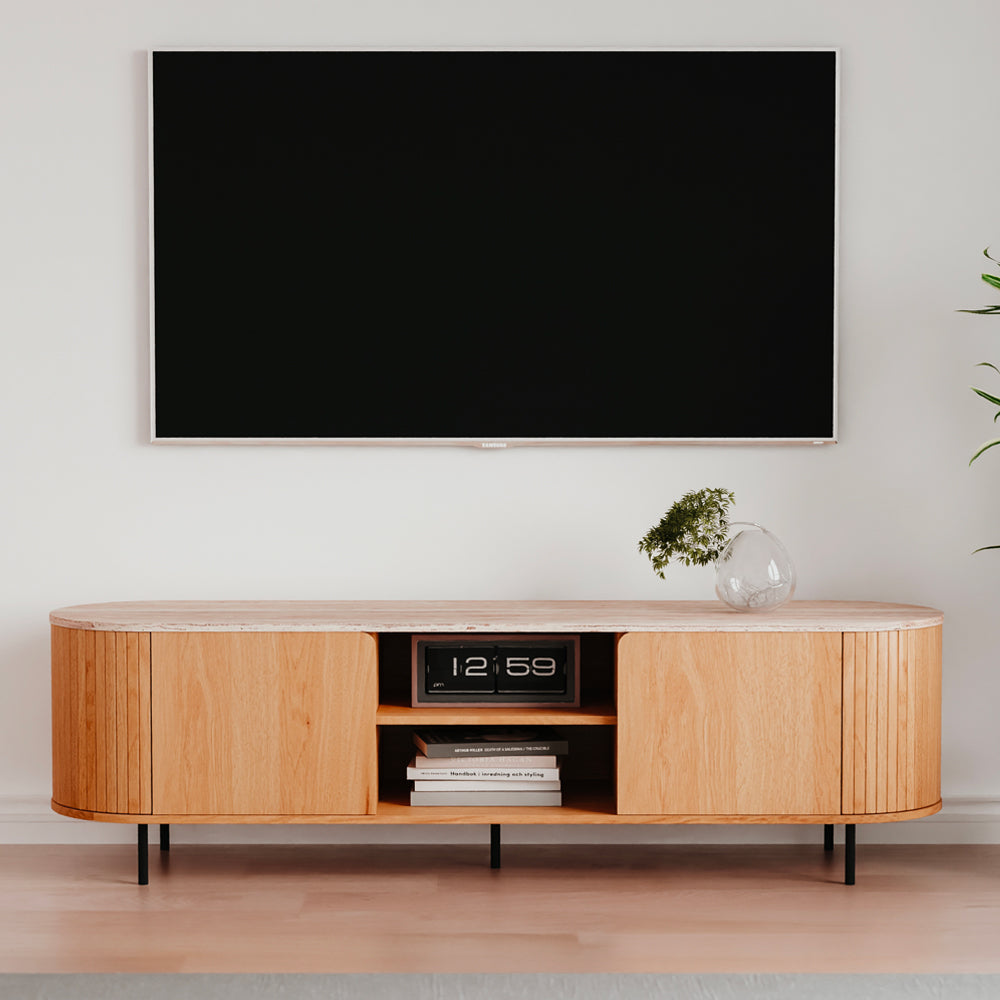 Mobile porta Tv colore rovere oak con top effetto travertino e laterali listellati 160 cm Fabia56B