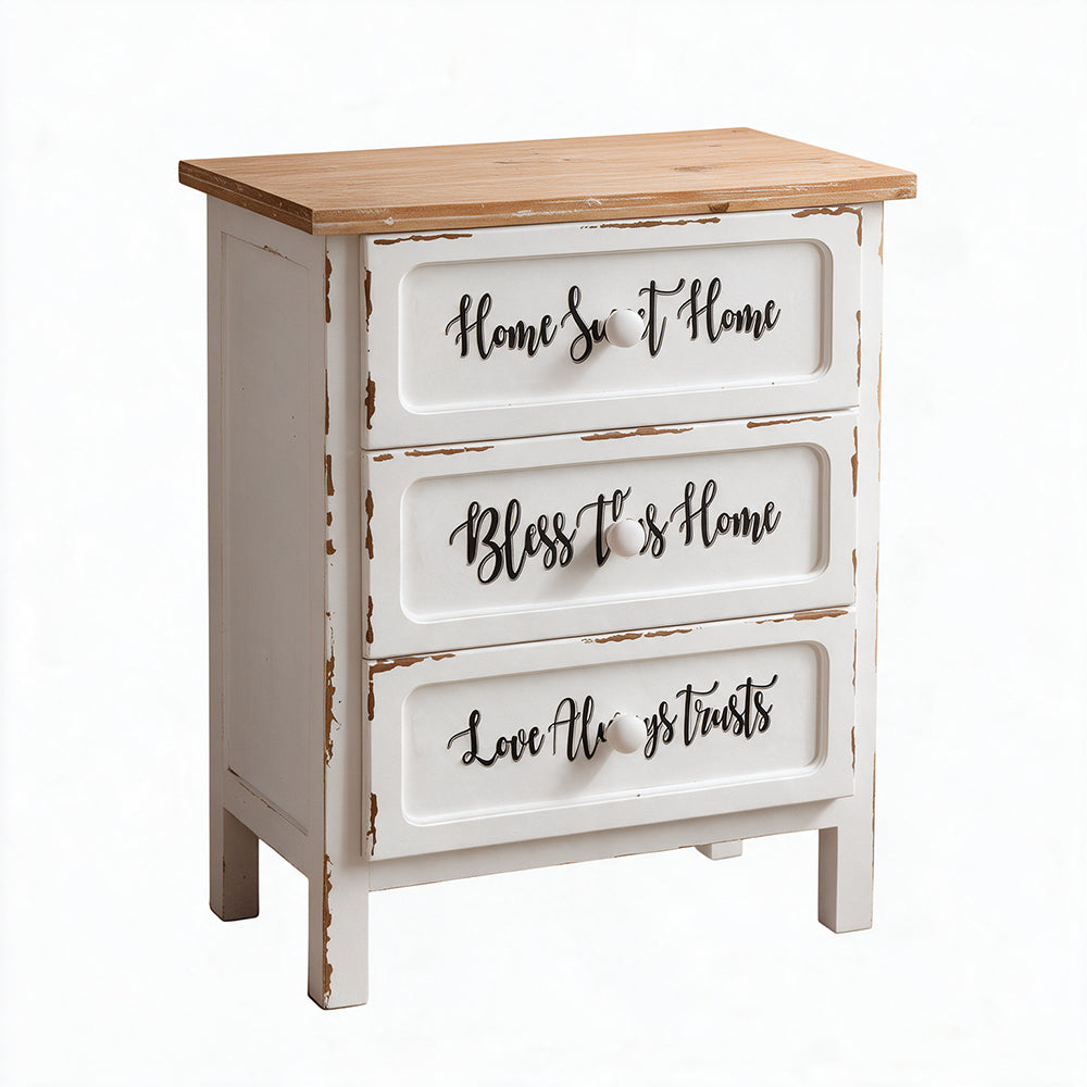 Mobile multiuso shabby chic 3 cassetti colore bianco e top overe H 70 cm Breslavia