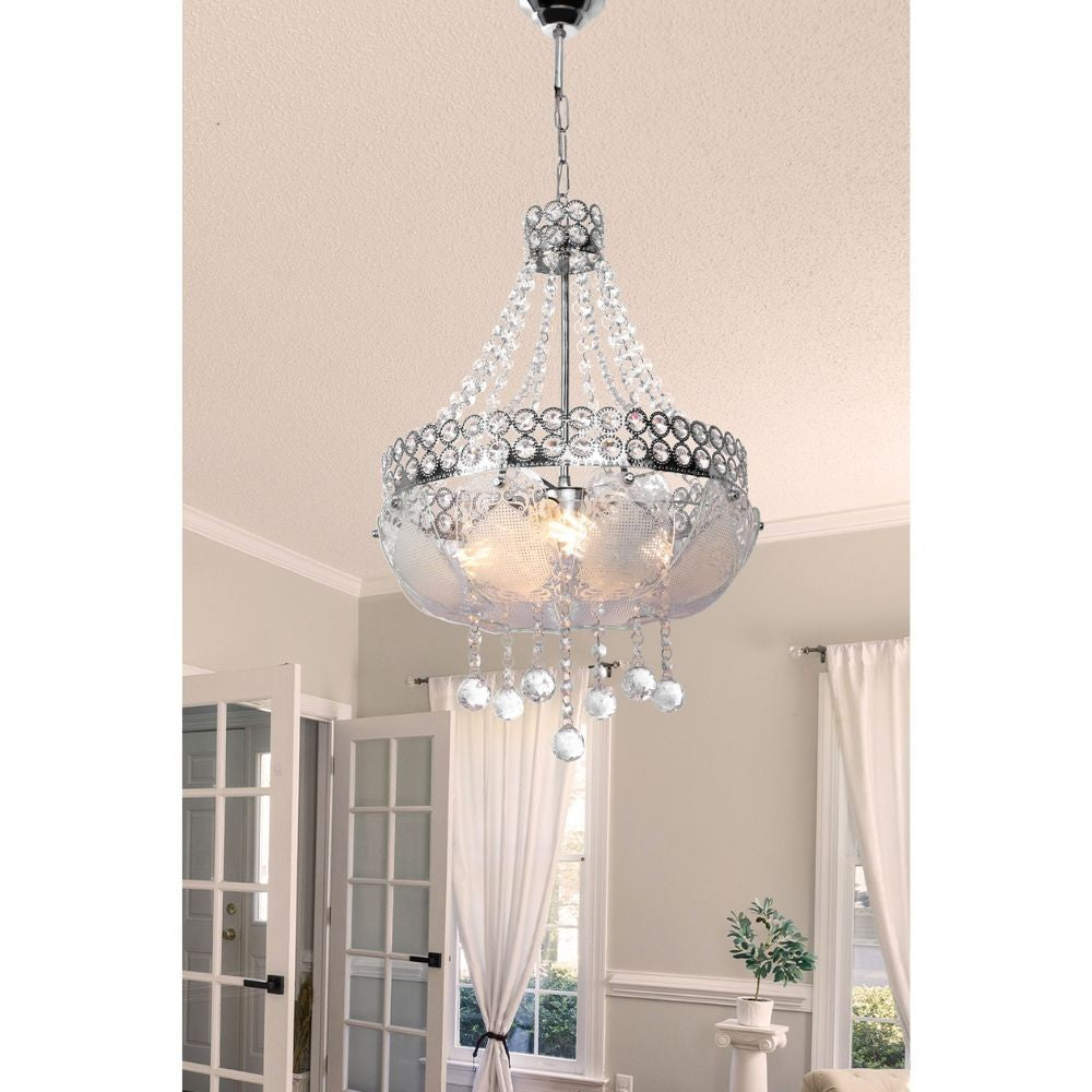 Plafonnier 70 cm en métal et verre décoré couleur argent et pierres effet cristal