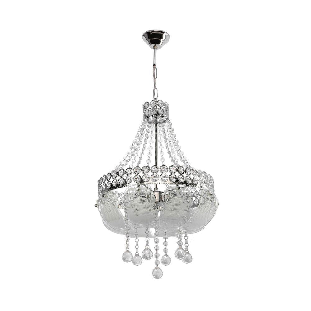 Plafonnier 70 cm en métal et verre décoré couleur argent et pierres effet cristal