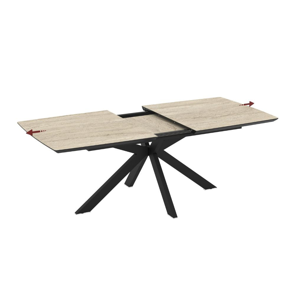 Table extensible plateau effet marbre travertin beige et piètement noir 180/240x100x76H Verano
