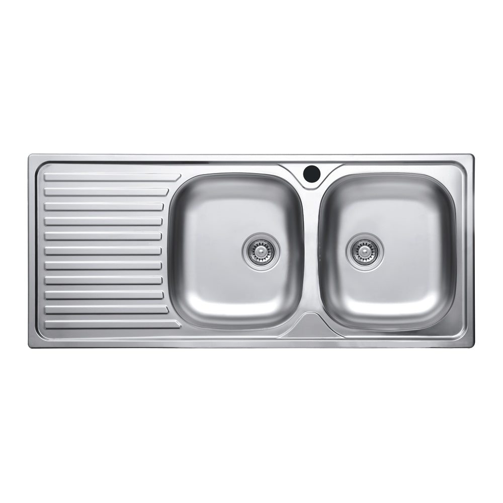 Lavello a due vasche in acciaio inox con gocciolatoio sinistro 116x50 cm - SA138