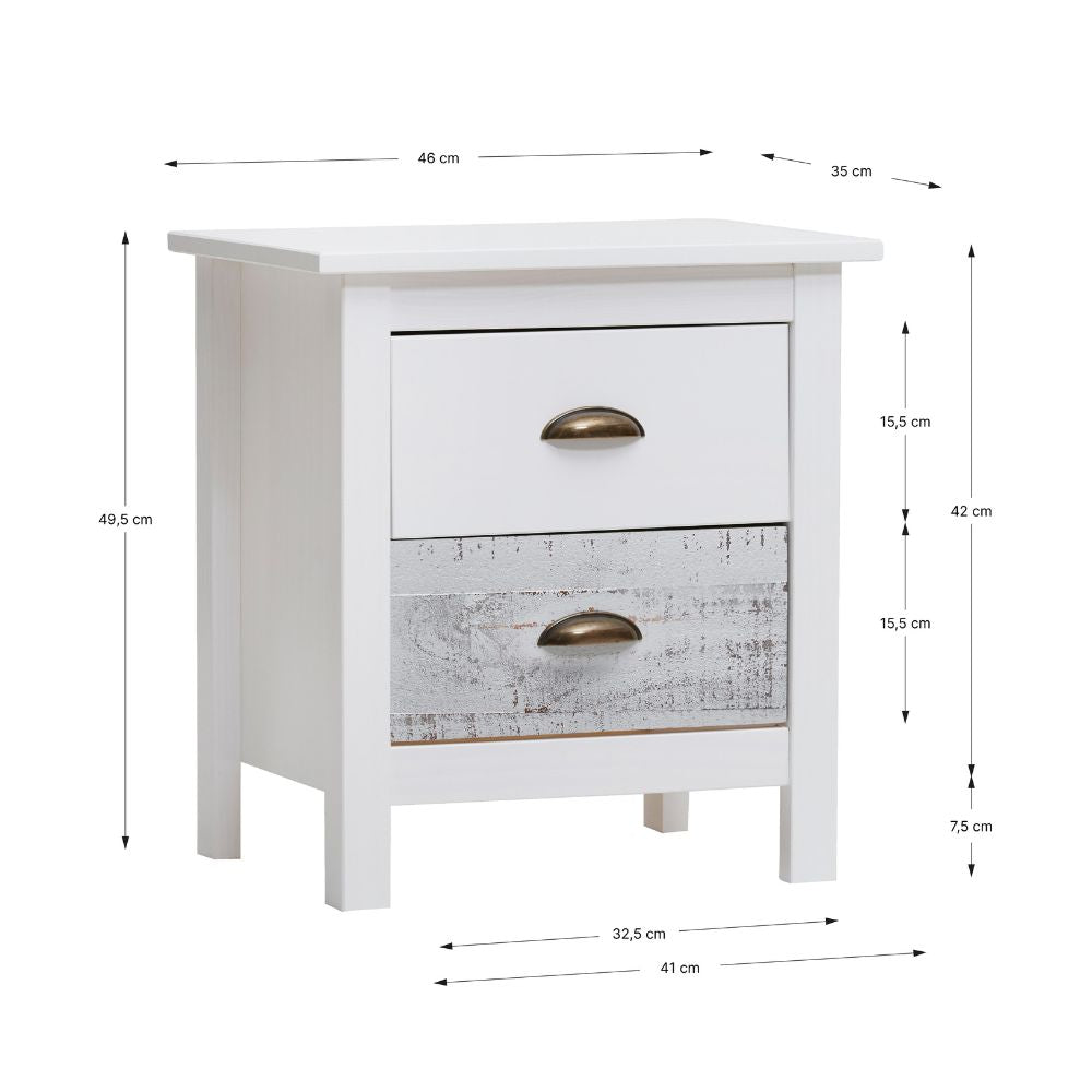 Comodino in legno massiccio colore bianco e grigio 46x35x49,5H cm - Romantica