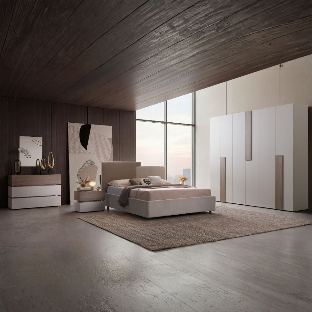 Camera da letto con letto contenitore e armadio 6 ante grigio chiaro e vanguard Malena