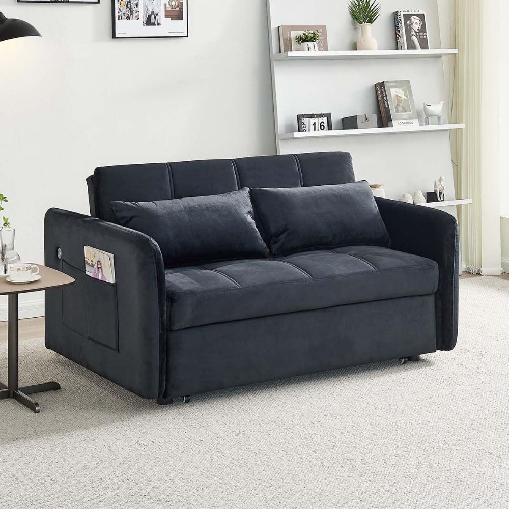Divano letto in velluto nero con porta USB e tasca laterale 140,5x94,5x82H Clorene