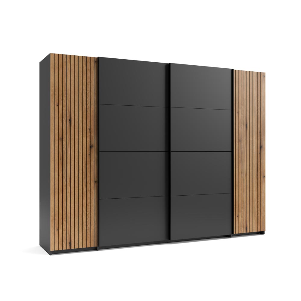 Armadio 4 ante con 2 scorrevoli, 2 battenti e dettagli listellati antracite e rovere evoque 270 cm Esteban624