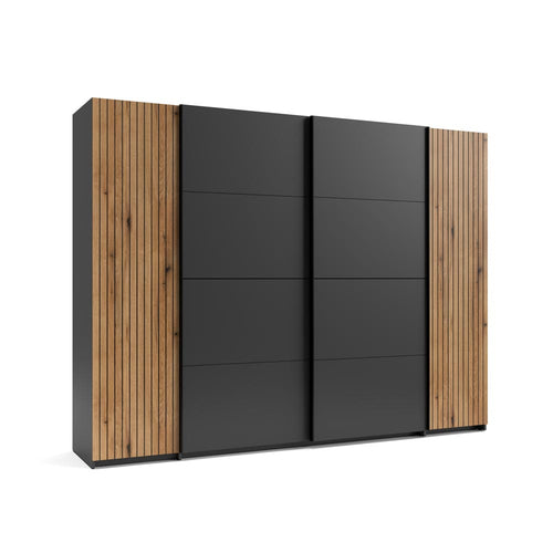 Armadio 4 ante con 2 scorrevoli, 2 battenti e dettagli listellati antracite e rovere evoque 270 cm Esteban624