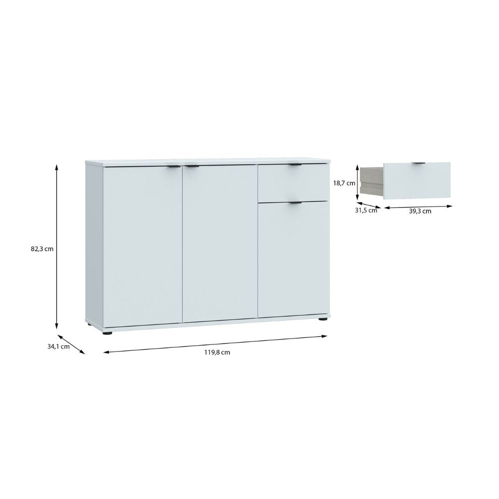 GNMK231L-U58 MEHRZWECK-UNTERSCHRANK MIT DREI TÜREN + 1 SCHUBLADE, HELLGRAU, B120CM