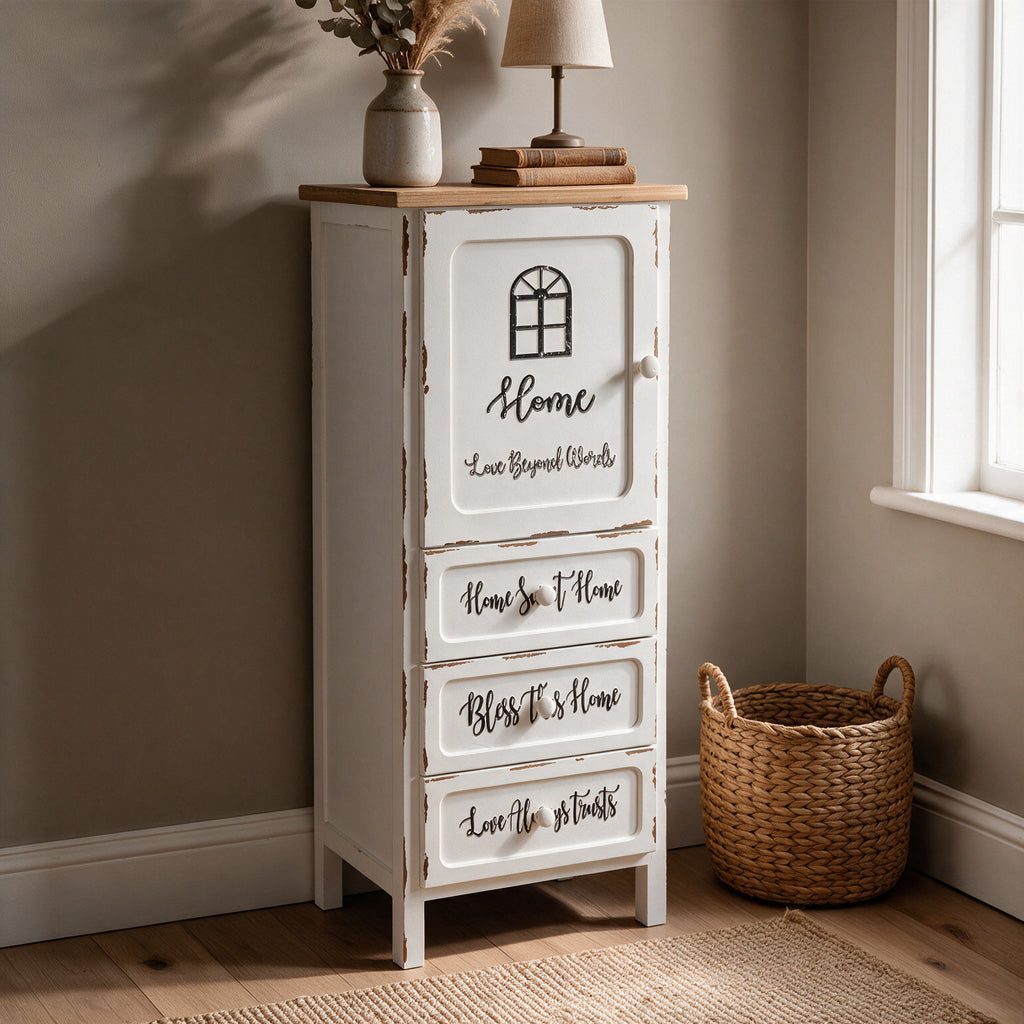Mobile multiuso shabby chic 1 anta 3 cassetti bianco e top rovere H 120 cm Breslavia