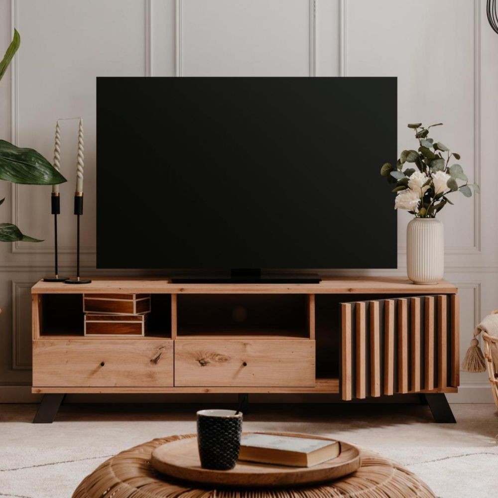 Mobile porta TV 138x44h con 2 cassetti e anta con vani a giorno colore rovere e antracite - Medan56A