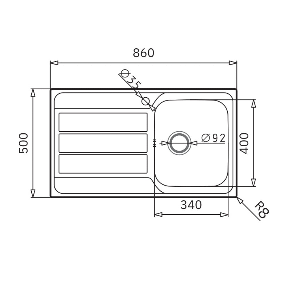 Lavello da incasso in acciaio inox con vasca e gocciolatoio sinistro 86x50 Tirreno861