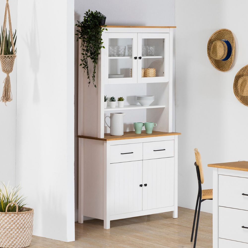 Bahut haut avec vitrine en bois massif couleur blanc et chêne 90x40x180H Miranda