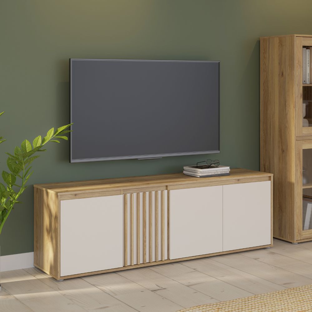 Porta Tv 4 ante con dettagli cannettati colore rovere e cashmere Neutra