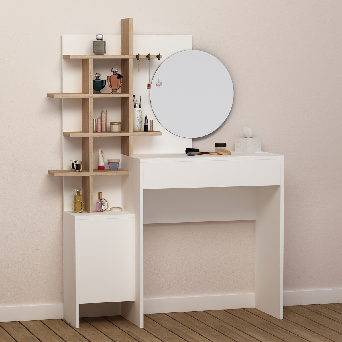 Toeletta trucco bianca con vani a giorno colore rovere Mup