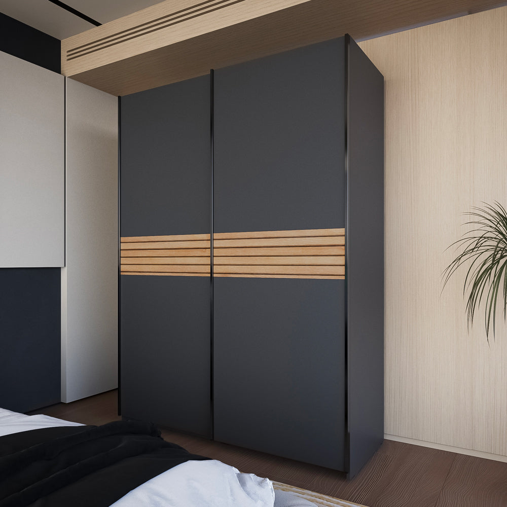 Armadio due ante scorrevoli colore antracite e inserti rovere 150x58,1x204,5H Metropol