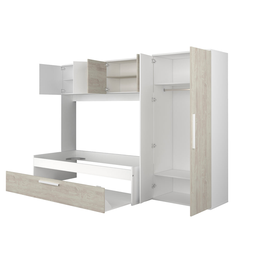 Brückenbett mit Ausziehbett und Kleiderschrank in Used-Weiß und Weiß
