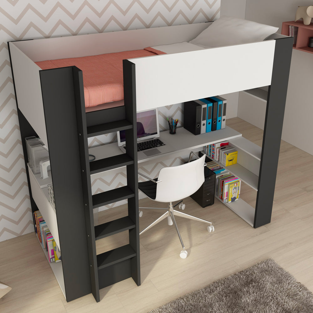 Chambre avec lit mezzanine et bureau en dessous, coloris blanc et anthracite