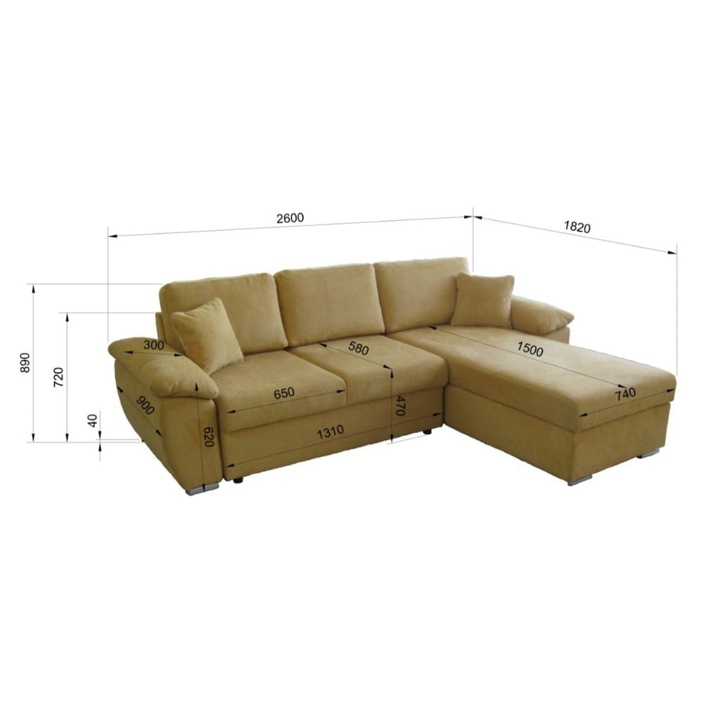 Divano letto con penisola reversibile e contenitore colore cappuccino 260x182x89H Alberta