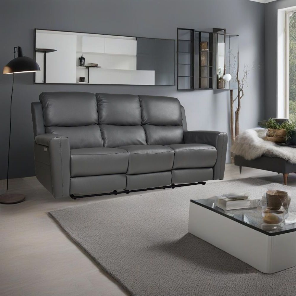 Canapé 3 places en cuir véritable gris foncé avec inclinaisons électriques - Claus