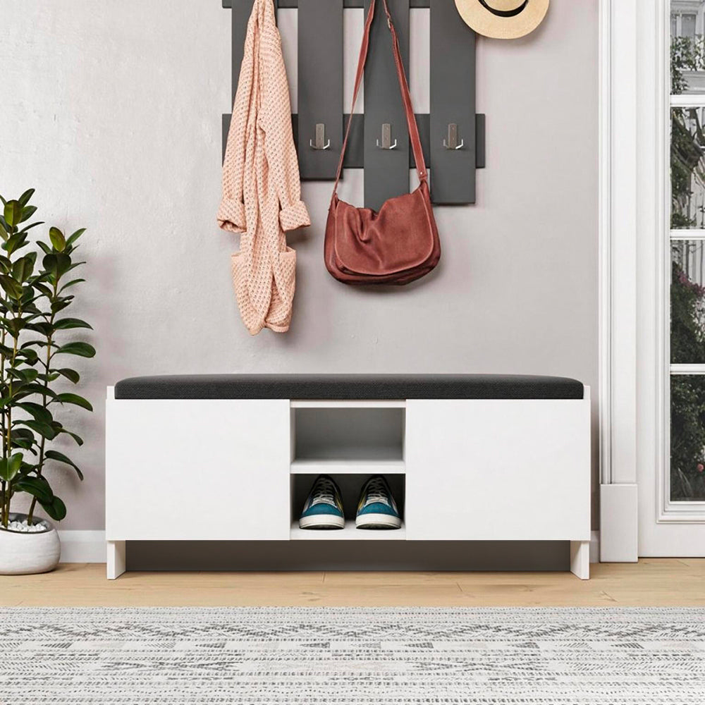 Banc à chaussures avec portes et coussin 110x40H cm coloris blanc - Zulla