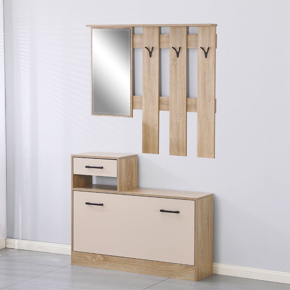 Mobile ingresso Rudolf XL con specchio e scarpiera colore cemento e bianco con maniglie nere
