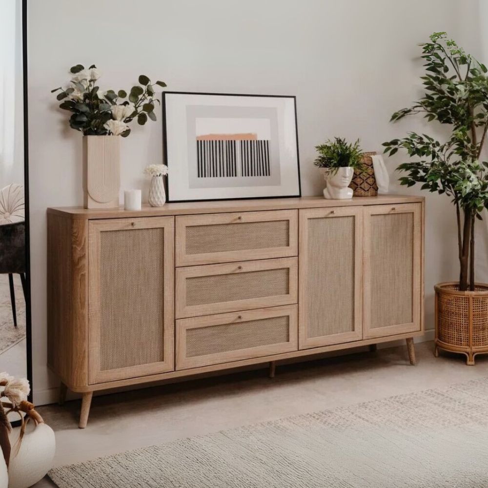 Madia rovere sonoma da 175 cm con 3 cassetti e 3 ante effetto rafia - KUTA51A