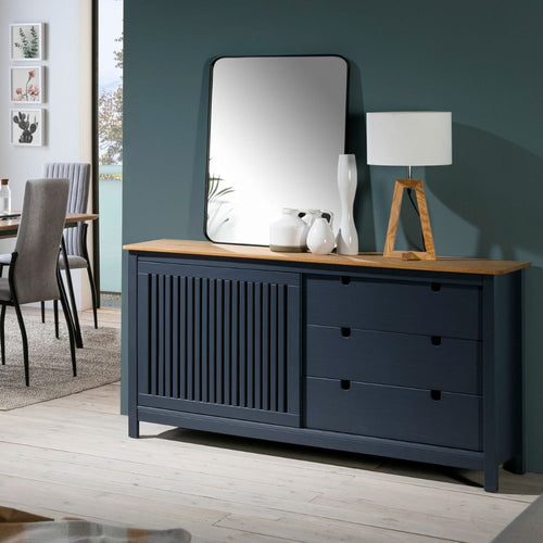 Credenza in legno massiccio con anta scorrevole e 3 cassetti colore grigio antracite e pino 150x40x80H cm - Gaia