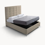 Letto matrimoniale contenitore con testiera alta in tessuto colore cappuccino - NapoliGrande