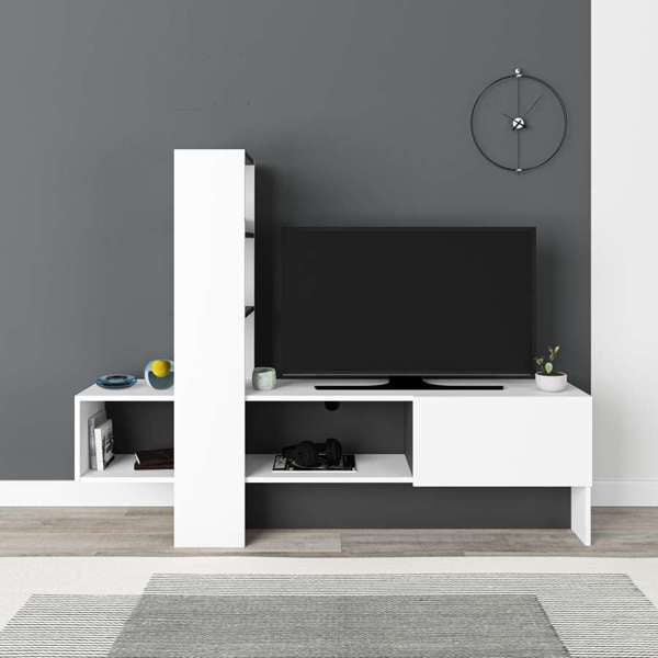 Mobile porta TV 180x138h cm con anta a ribalta colore bianco e antracite - Troya