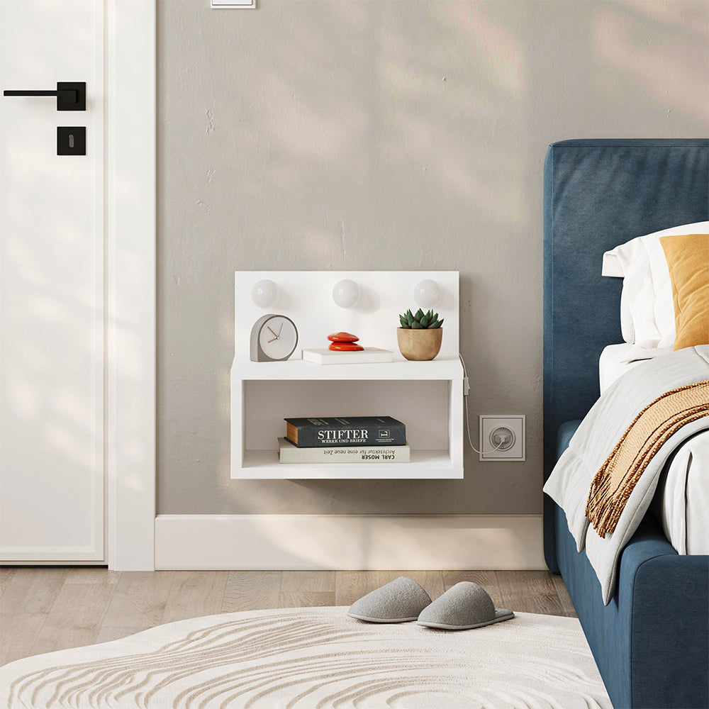 Comodino sospeso con luci LED integrate e vano a giorno colore bianco Treo