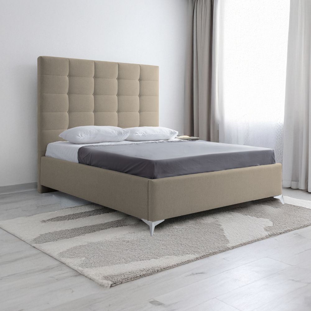 Lit double coffre avec tête de lit haute en tissu couleur cappuccino - NapoliGrande