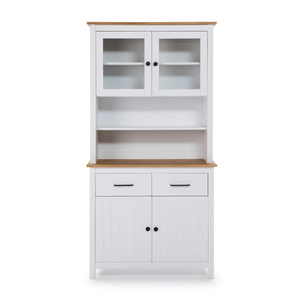 Credenza alta con vetrina in legno massiccio colore bianco e rovere 90x40x180H Miranda