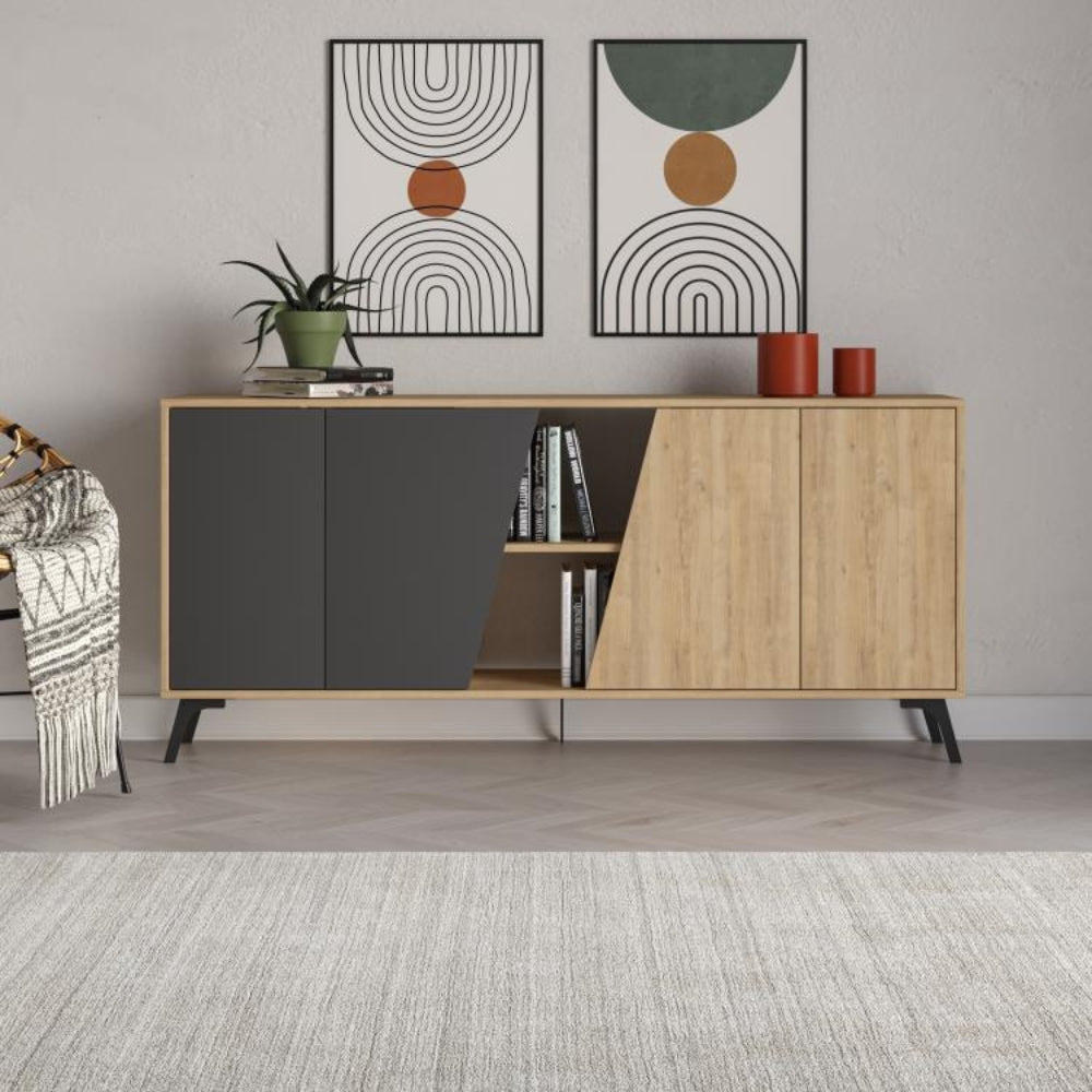 Buffet avec portes couleur chêne et anthracite 180 cm - Fiona