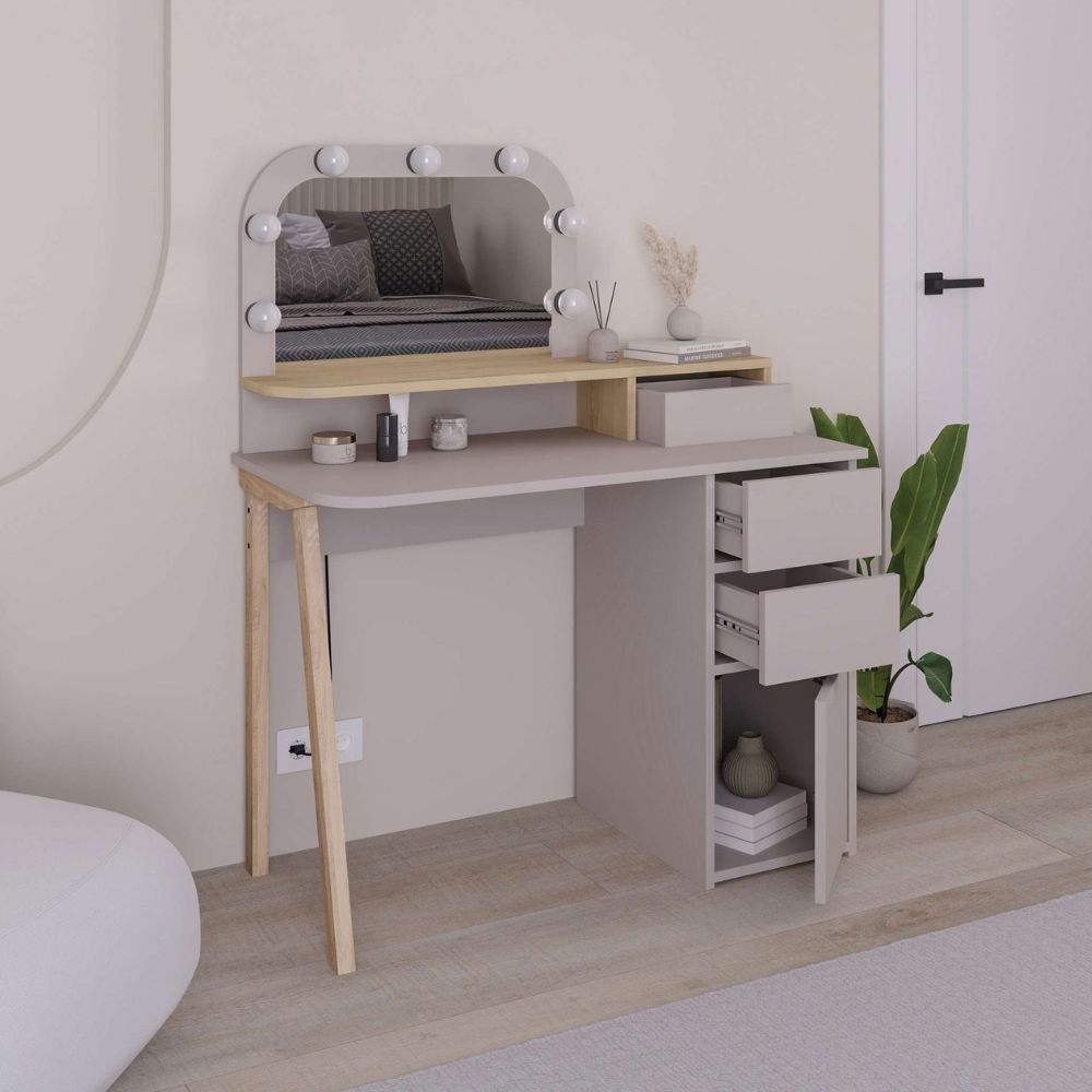 Toeletta da trucco tortora e rovere con specchio e luci LED 105x51.5x131H Avien
