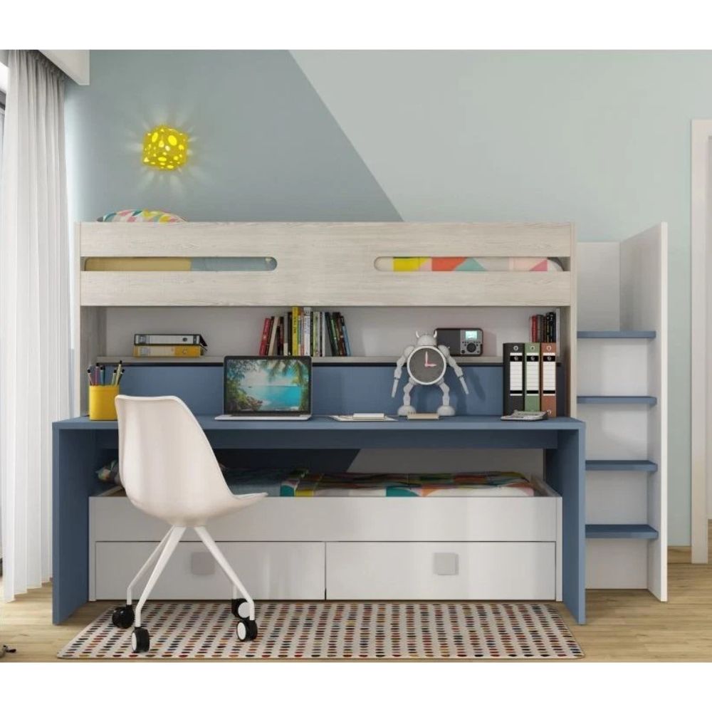 Letto a castello Formy per bambino con scrivania e letto estraibili colore bianco e celeste