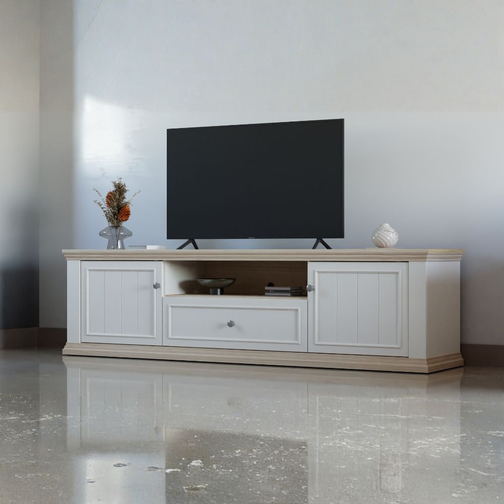 Porta Tv 2 ante, cassetto e vano a giorno colore rovere e bianco Essenza