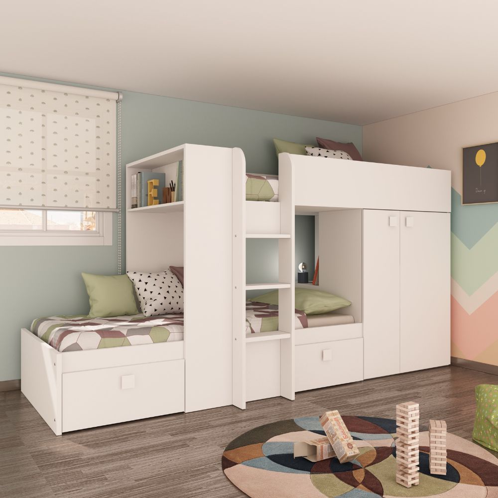 Lit superposé avec armoire et tiroirs couleur blanc 295x110x150H - Witt