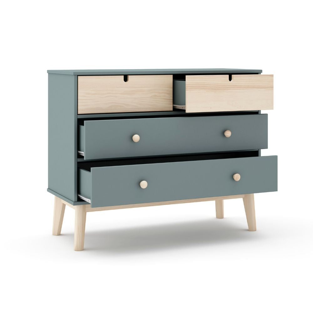 Commode 4 tiroirs vert kaki et pin 100x40x81H cm - Estefania
