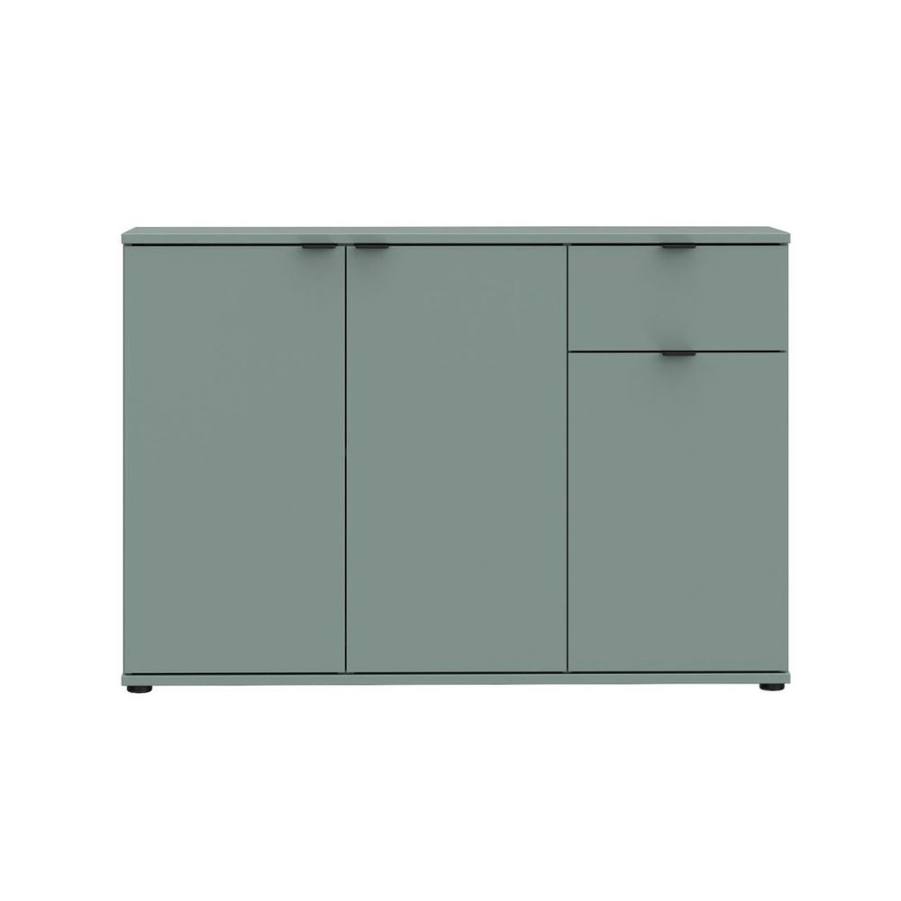 GNMK231L-U59 MEHRZWECK-ROLLCONTAINER SAGEGRÜN MIT DREI TÜREN + 1 SCHUBLADE B120CM