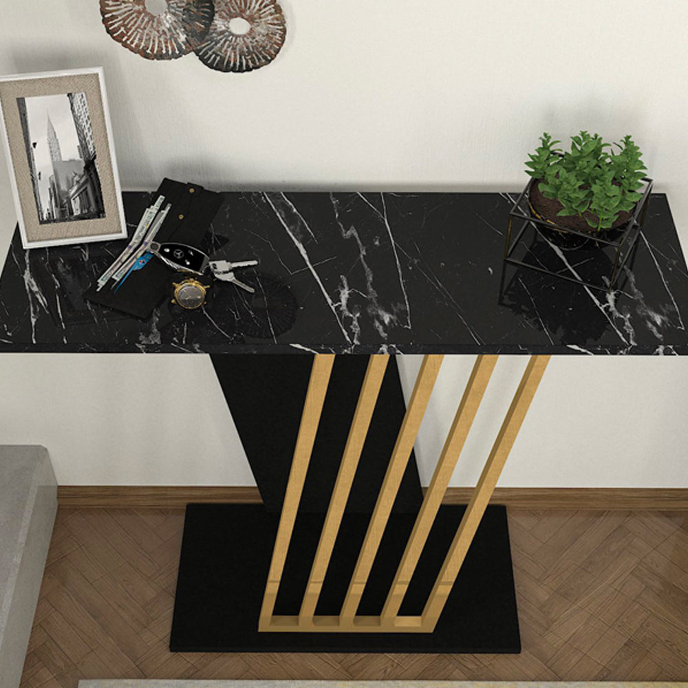 CONSOLE GRAVITY NOIR AVEC DÉTAIL PIED OR ET PLATEAU EFFET MARBRE NOIR
