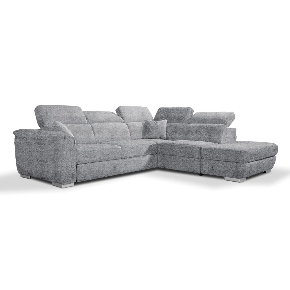 Ecksofa Carovigno mit rechter Ottomane und Stauraum-Pouf 270x240x75H aus grauem Teddystoff