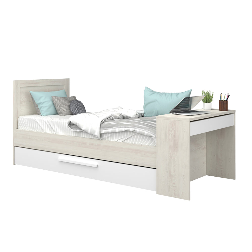 Letto singolo con scrivania integrata e letto estraibile colore bianco vintage e bianco