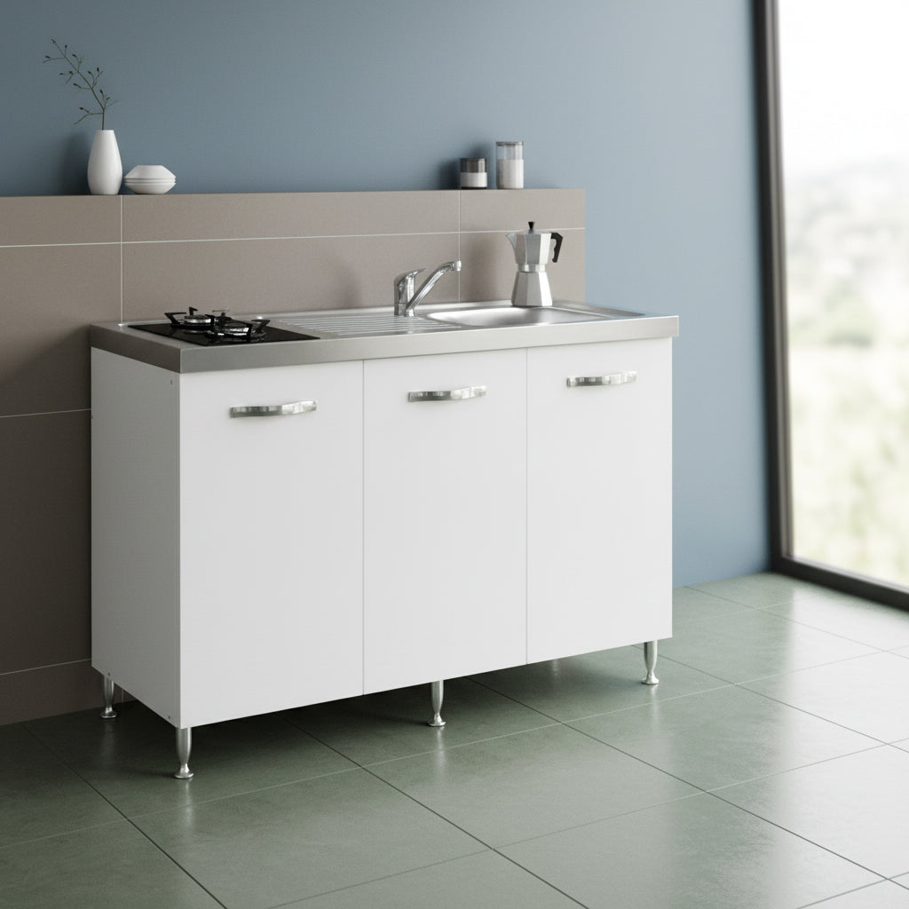 Cucinino con top inox e piano cottura a gas in vetro colore bianco frassinato Indiano120k30