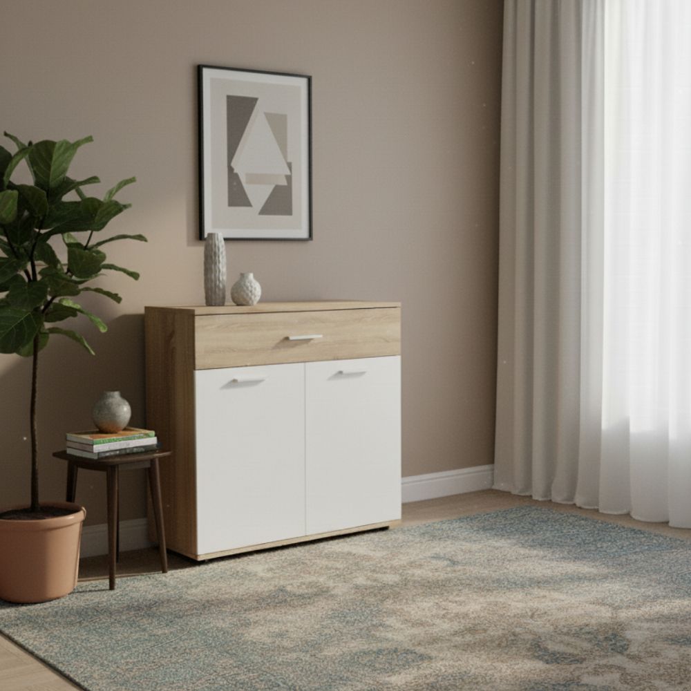 Mobile multiuso 2 ante e 1 cassetto colore bianco e rovere 80x35x84H Irys