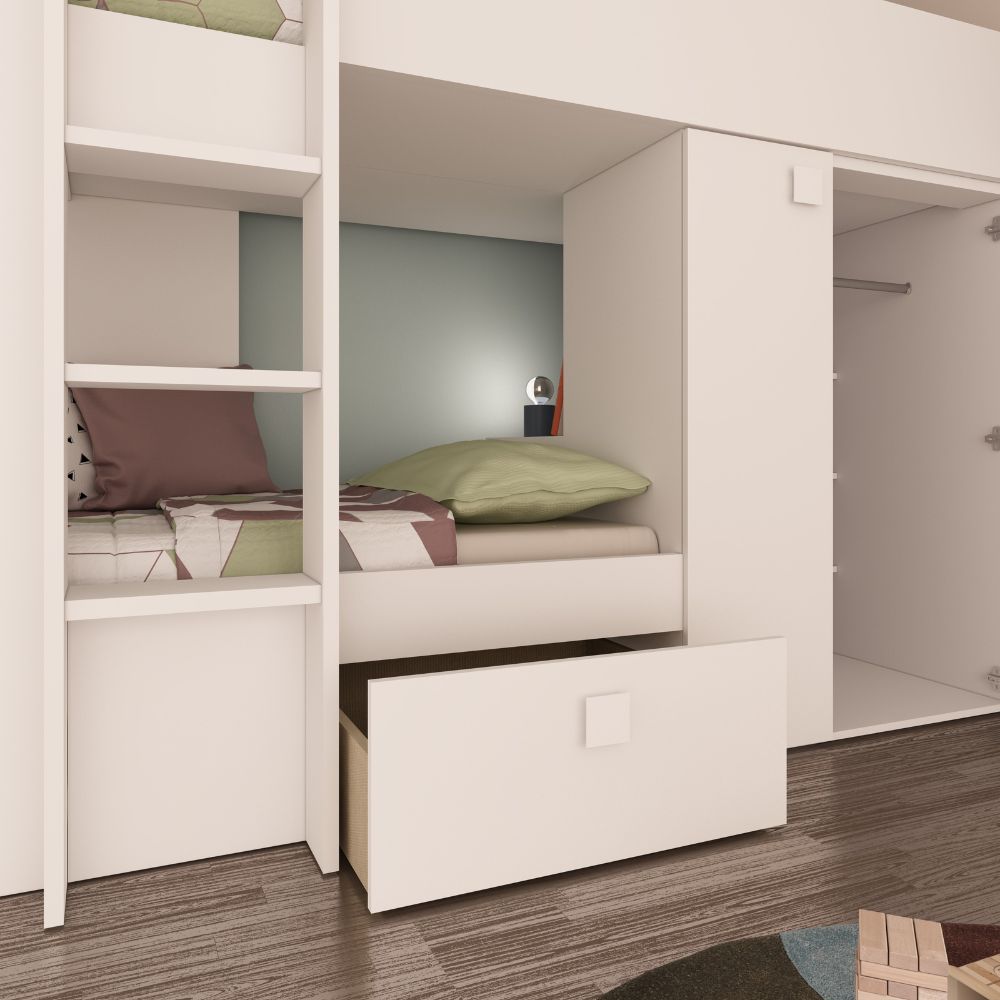 Lit superposé avec armoire et tiroirs couleur blanc 295x110x150H - Witt