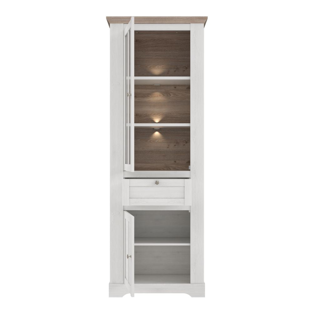 Vetrina 2 ante in vetro, 1 cassetto e luci LED rovere bianco neve e olmo scuro Forma